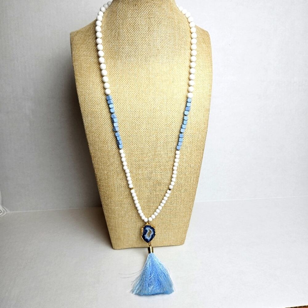 Love's Affect Blue White Agate Pendant Tassel Necklace
